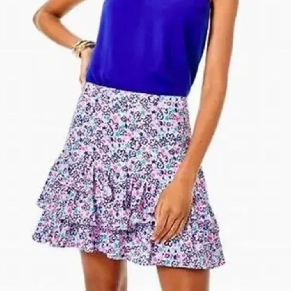 Lilly Pulitzer Floral Tiered Ruffle Mini Skirt Pink Blue Purple Size 8 Lined